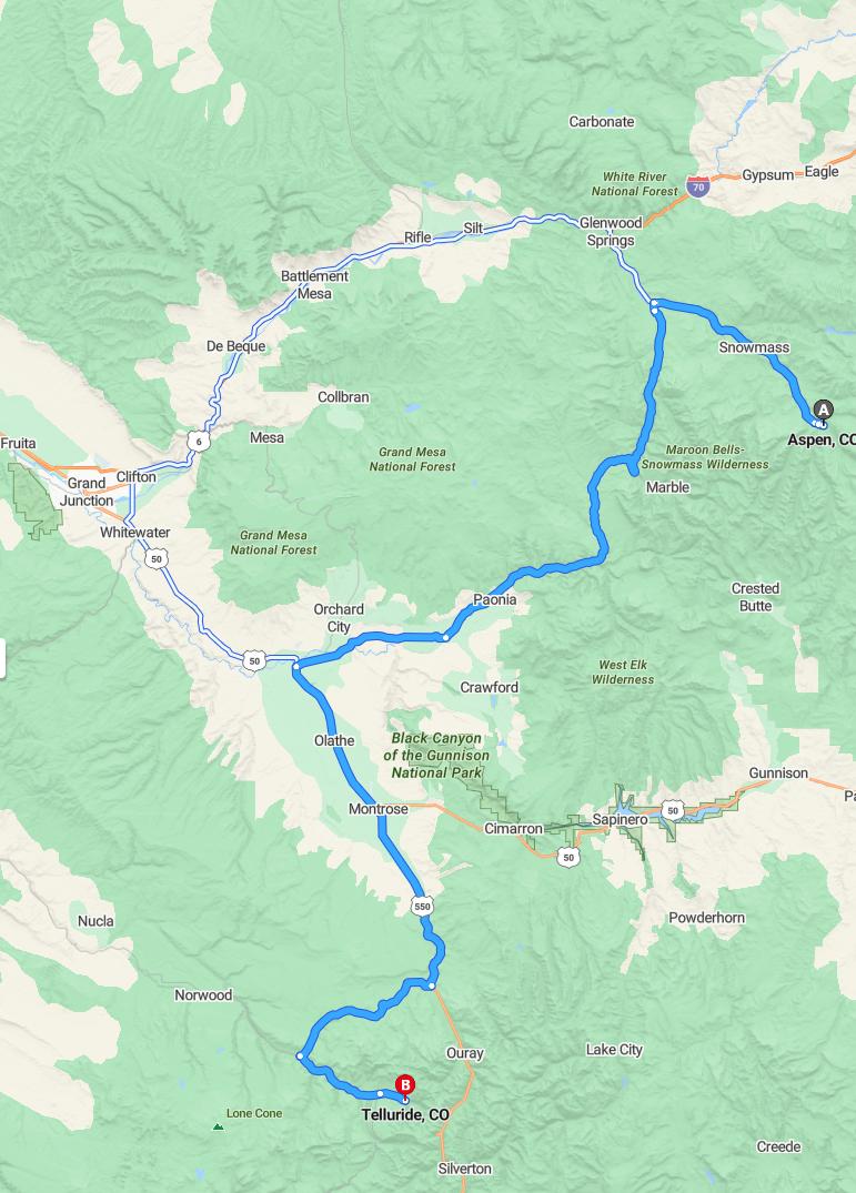 driving from Aspen, Colorado to TellurideColorado - map and route