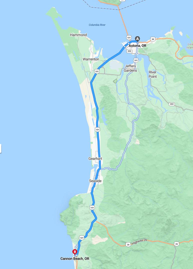 driving from Astoria, Oregon to Cannon BeachOregon - map and route