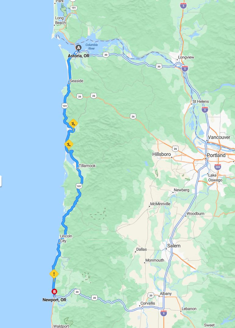 driving from Astoria, Oregon to NewportOregon - map and route