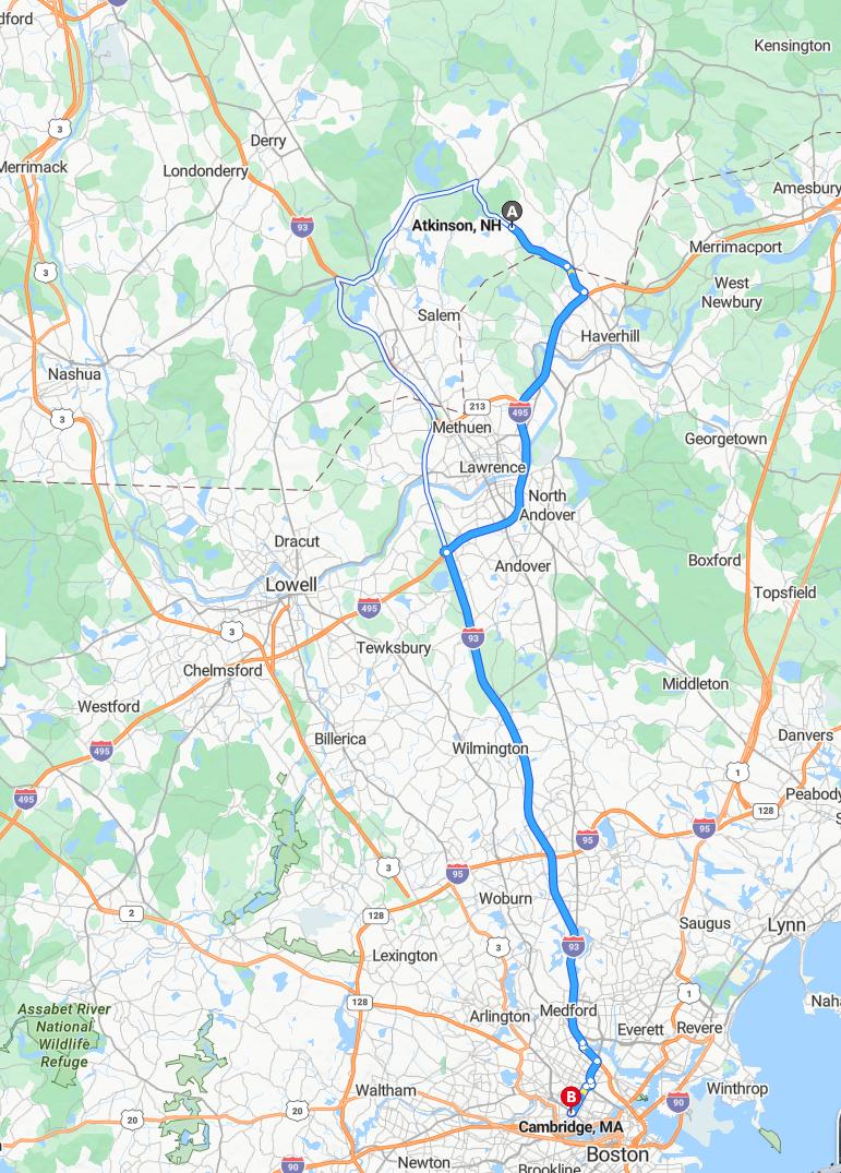driving from Atkinson, New Hampshire to CambridgeMassachusetts - map and route