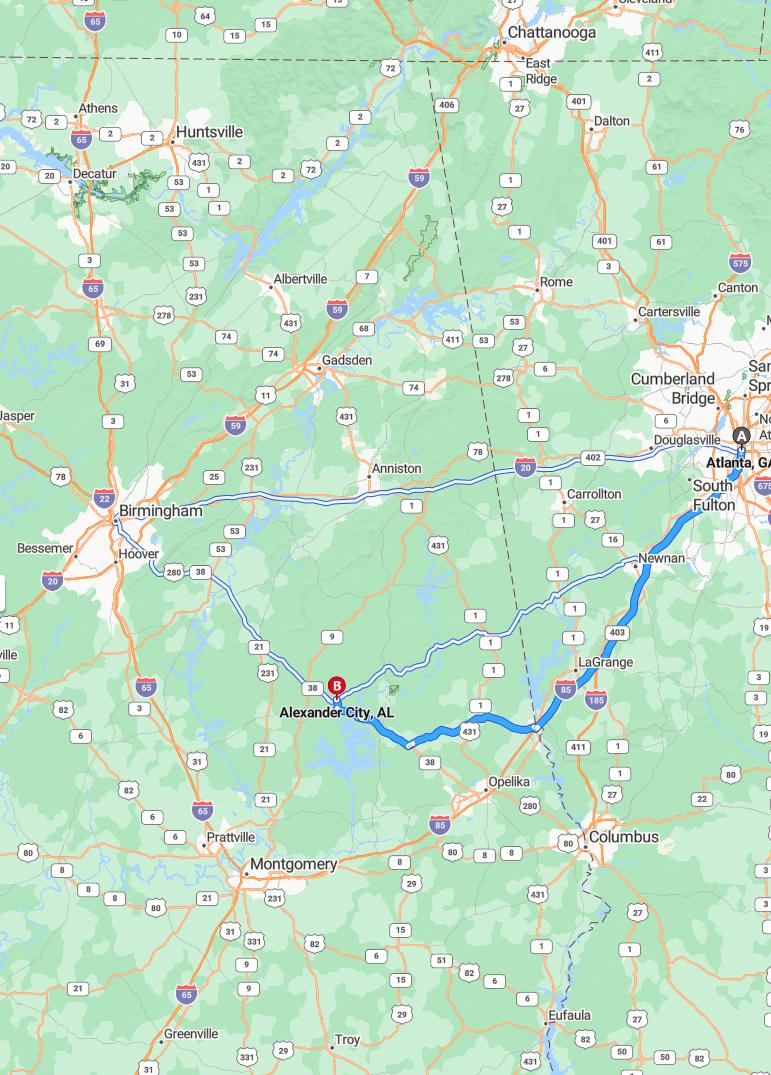 driving from Atlanta, Georgia to Alexander CityAlabama - map and route