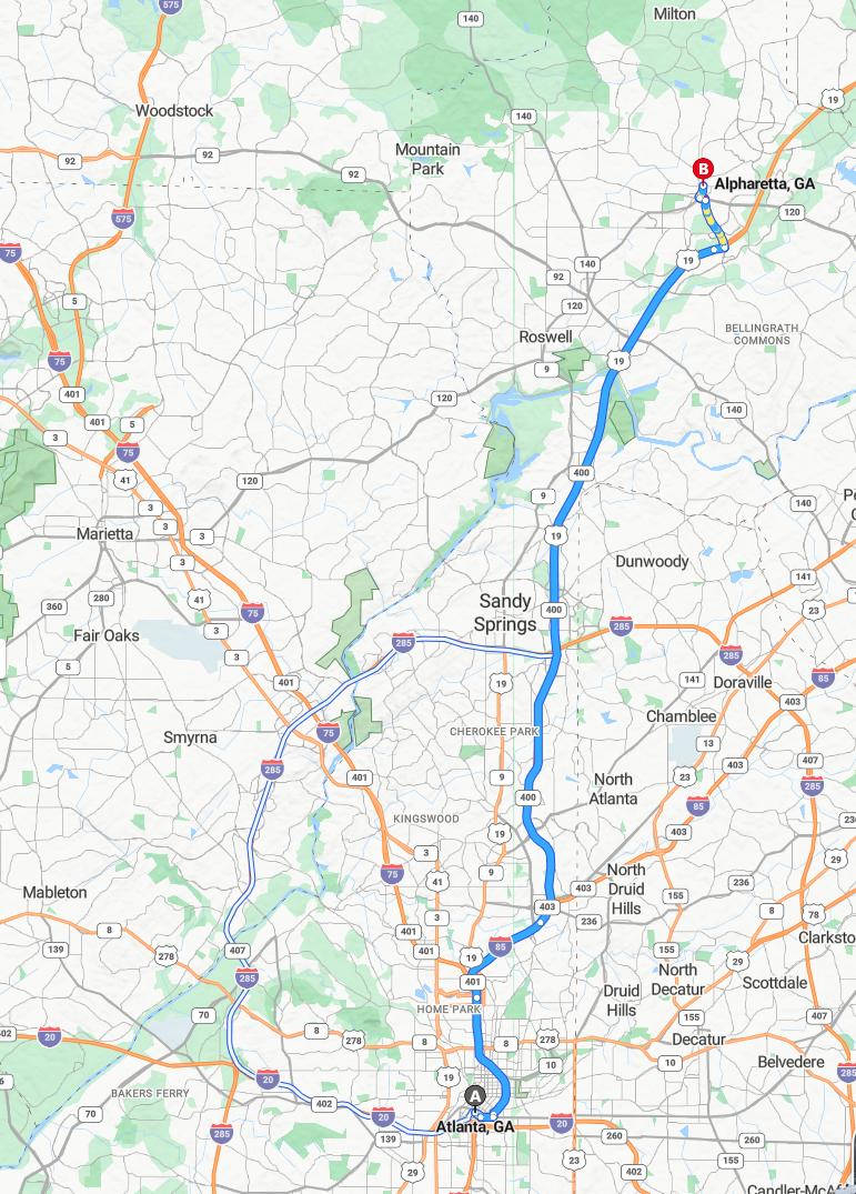 driving from Atlanta, Georgia to AlpharettaGeorgia - map and route