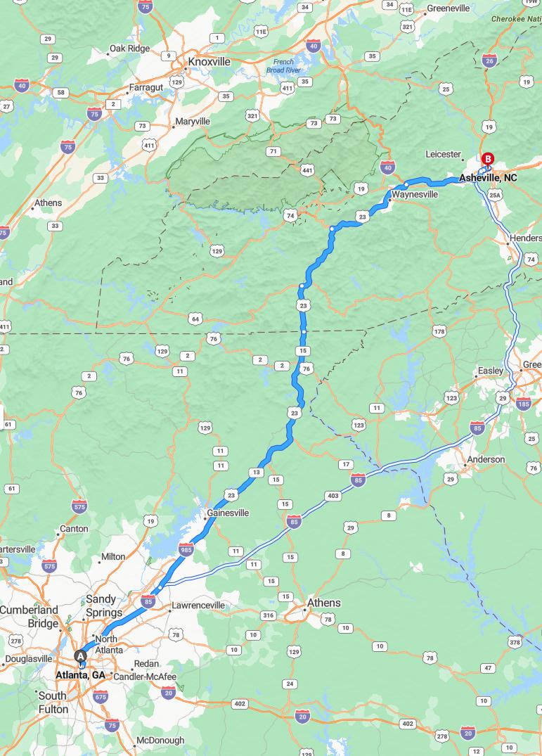 driving from Atlanta, Georgia to AshevilleNorth Carolina - map and route