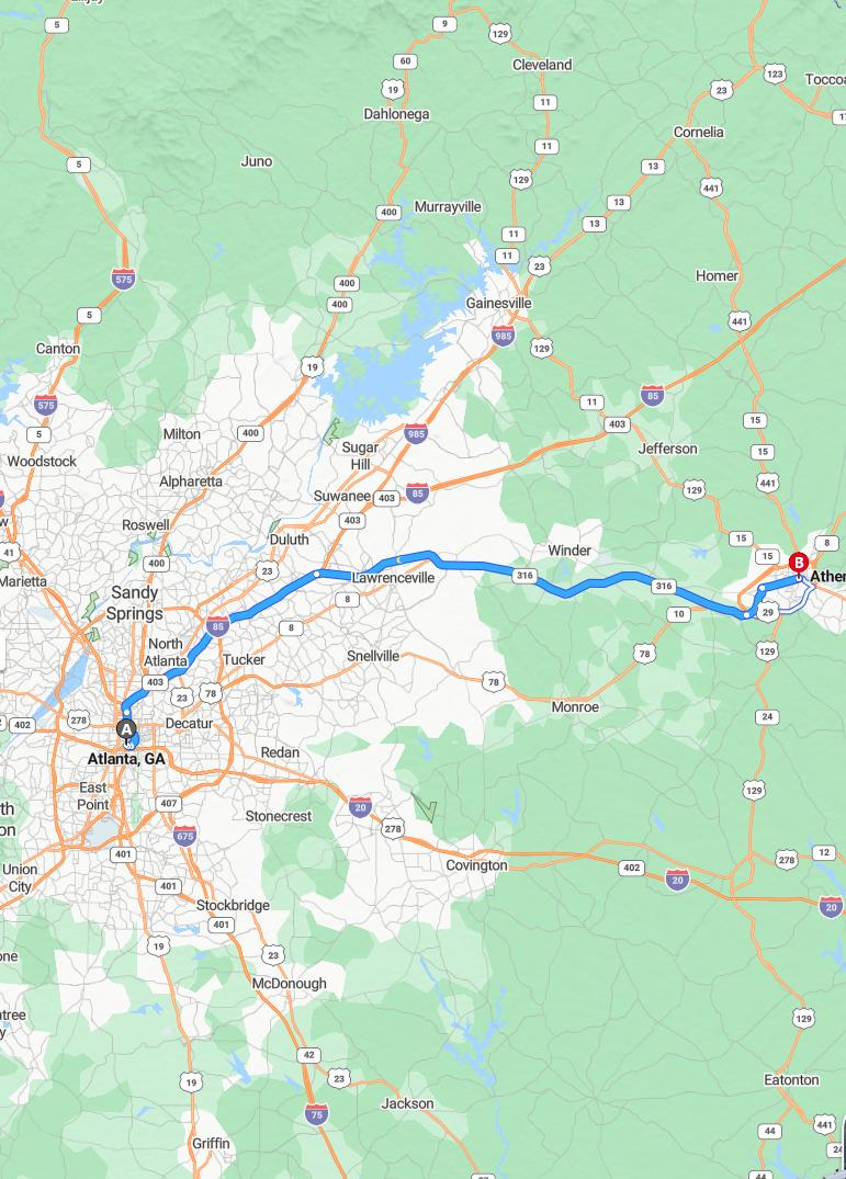 driving from Atlanta, Georgia to AthensGeorgia - map and route