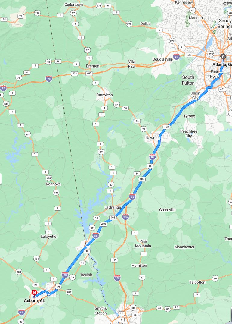 driving from Atlanta, Georgia to AuburnAlabama - map and route