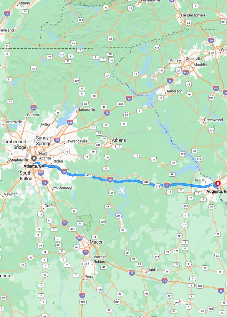 driving from Atlanta, Georgia to AugustaGeorgia - map and route