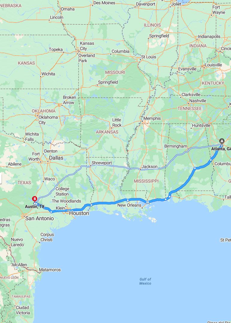 driving from Atlanta, Georgia to AustinTexas - map and route