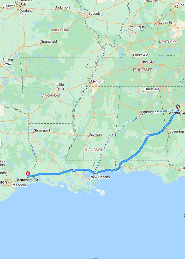 driving from Atlanta, Georgia to BeaumontTexas - map and route