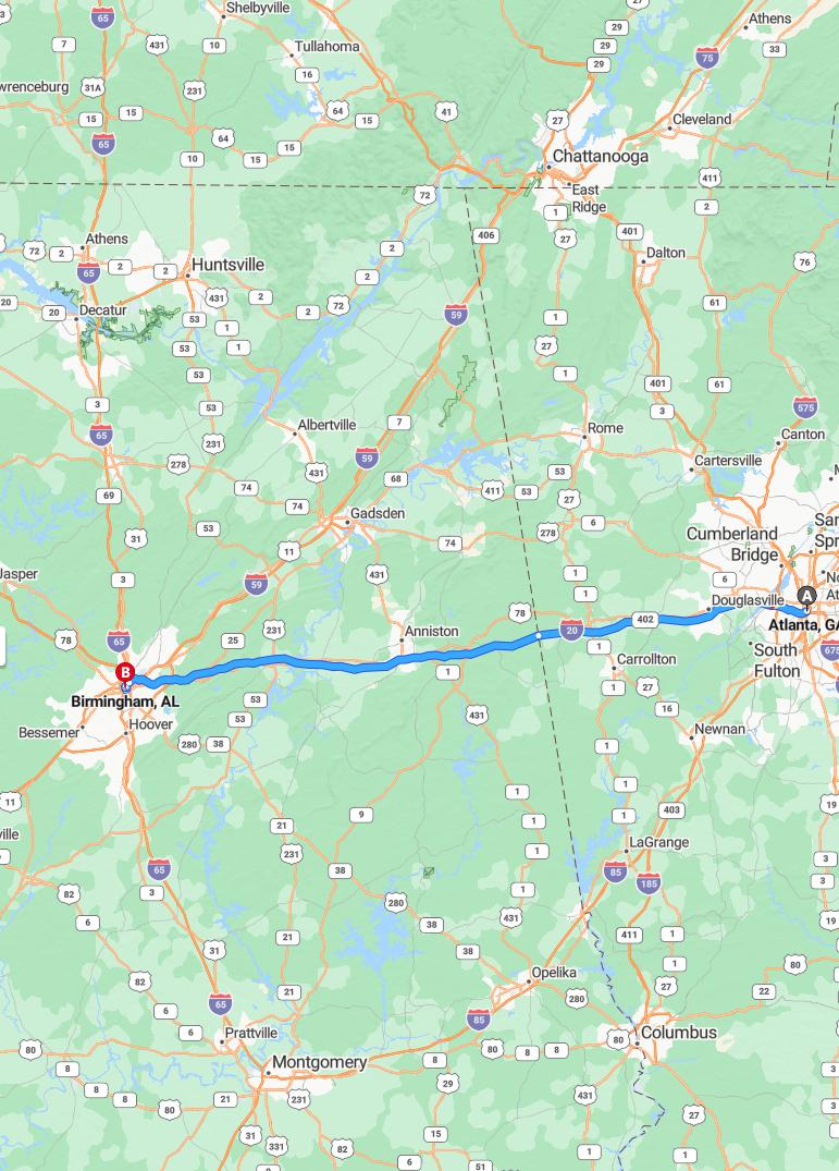 driving from Atlanta, Georgia to BirminghamAlabama - map and route