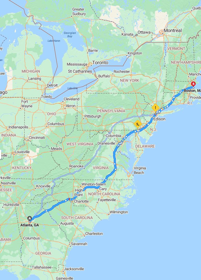 driving from Atlanta, Georgia to BostonMassachusetts - map and route