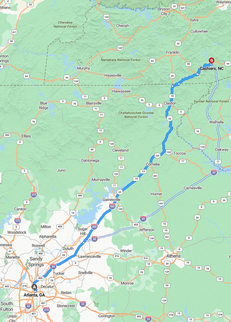 driving from Atlanta, Georgia to CashiersNorth Carolina - map and route