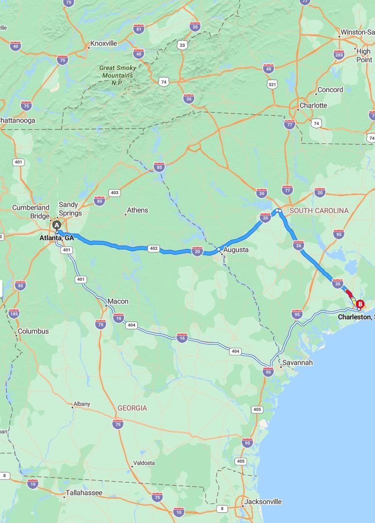 driving from Atlanta, Georgia to CharlestonSouth Carolina - map and route