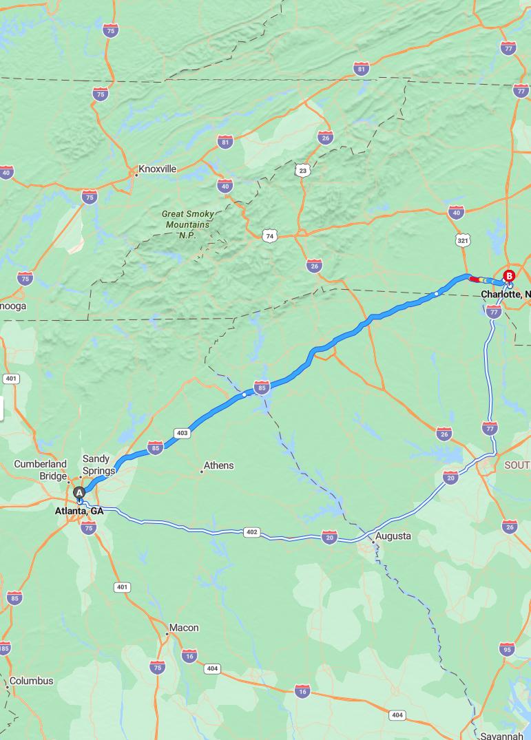 driving from Atlanta, Georgia to CharlotteNorth Carolina - map and route