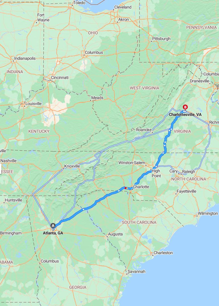 driving from Atlanta, Georgia to CharlottesvilleVirginia - map and route