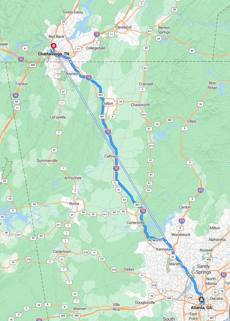 driving from Atlanta, Georgia to ChattanoogaTennessee - map and route