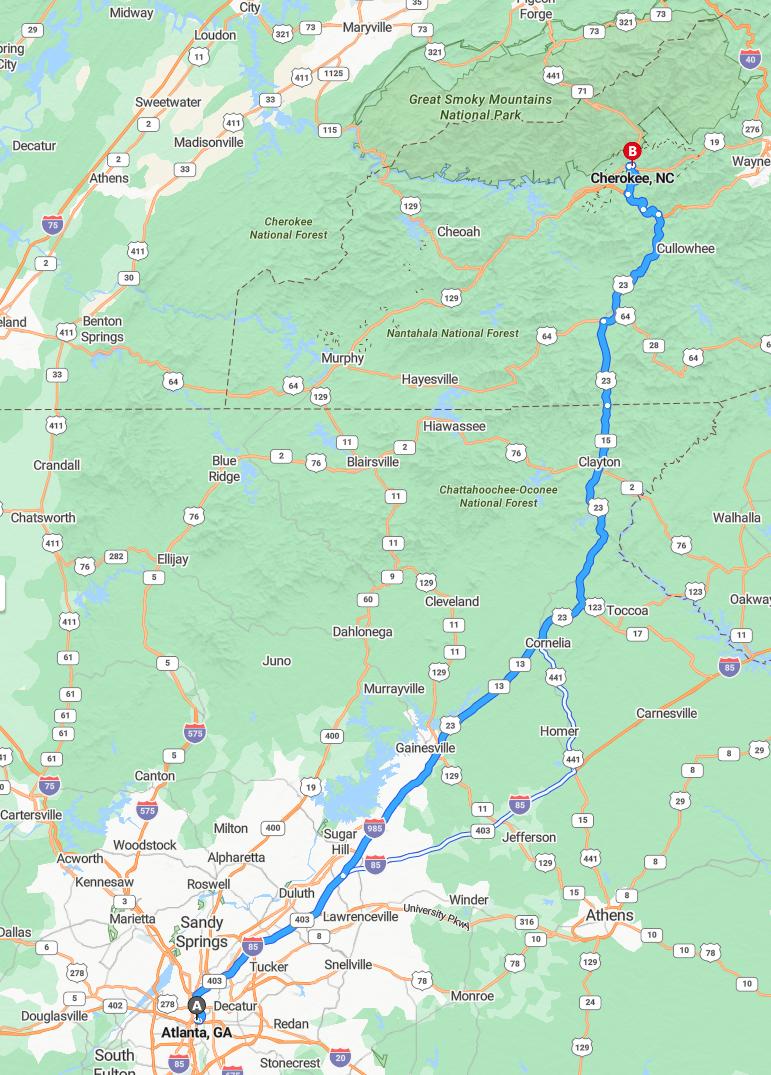 driving from Atlanta, Georgia to CherokeeNorth Carolina - map and route