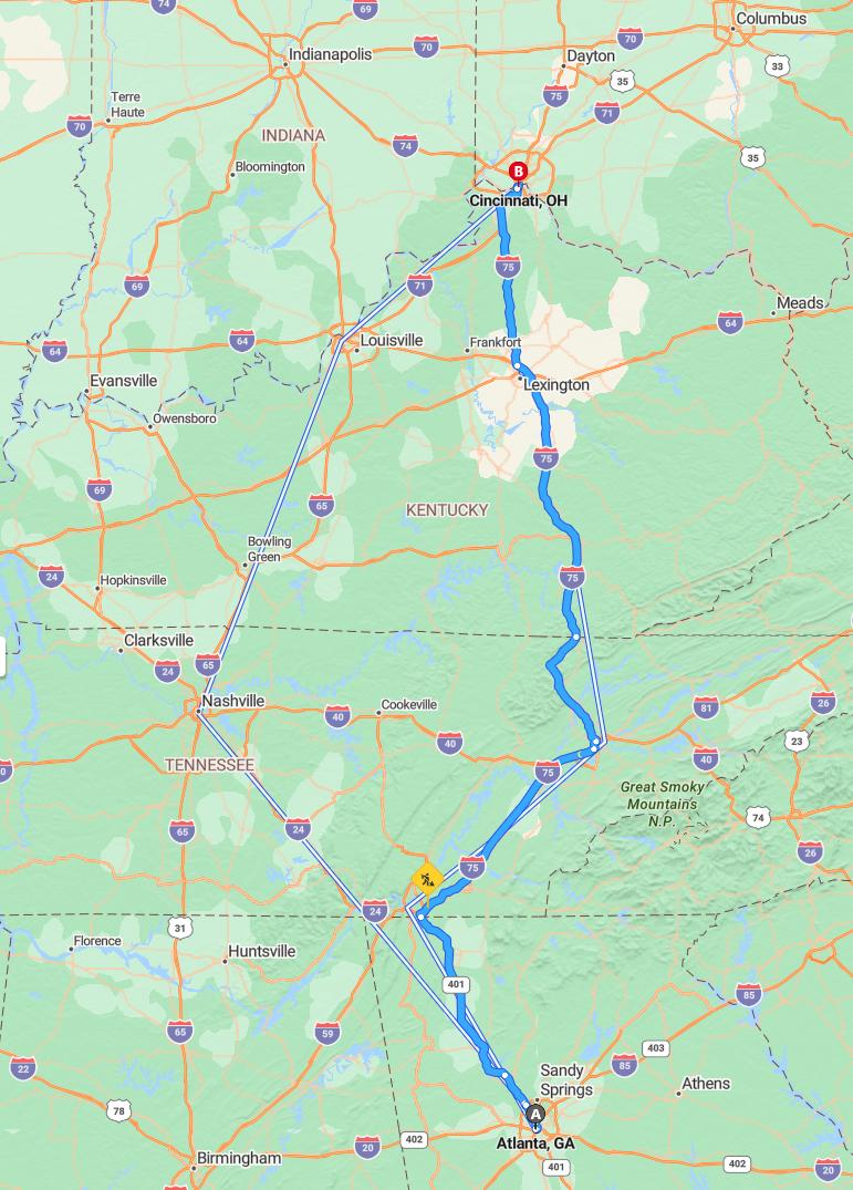 driving from Atlanta, Georgia to CincinnatiOhio - map and route