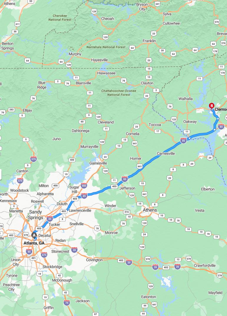 driving from Atlanta, Georgia to ClemsonSouth Carolina - map and route