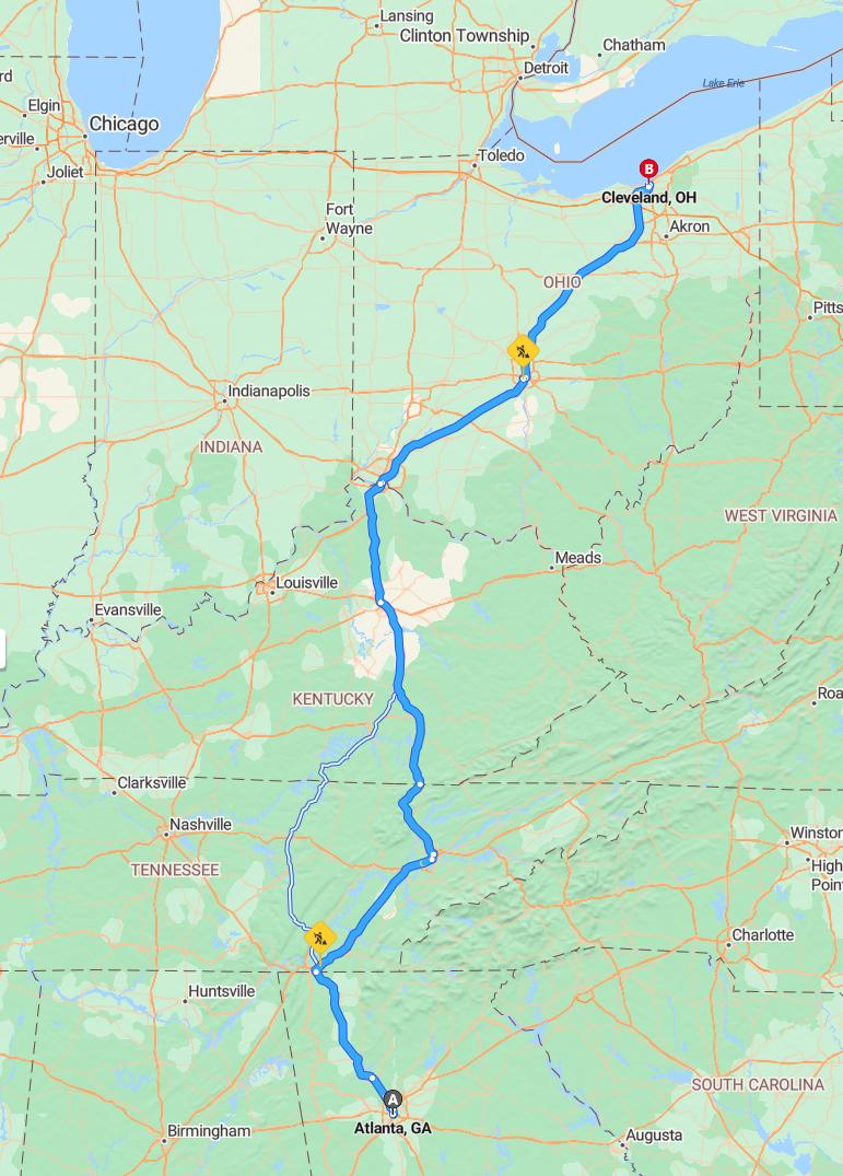driving from Atlanta, Georgia to ClevelandOhio - map and route