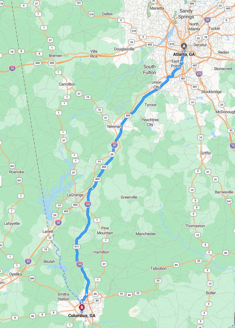 driving from Atlanta, Georgia to ColumbusGeorgia - map and route