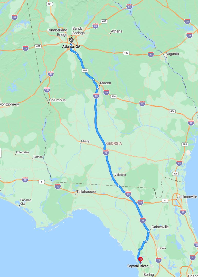 driving from Atlanta, Georgia to Crystal RiverFlorida - map and route