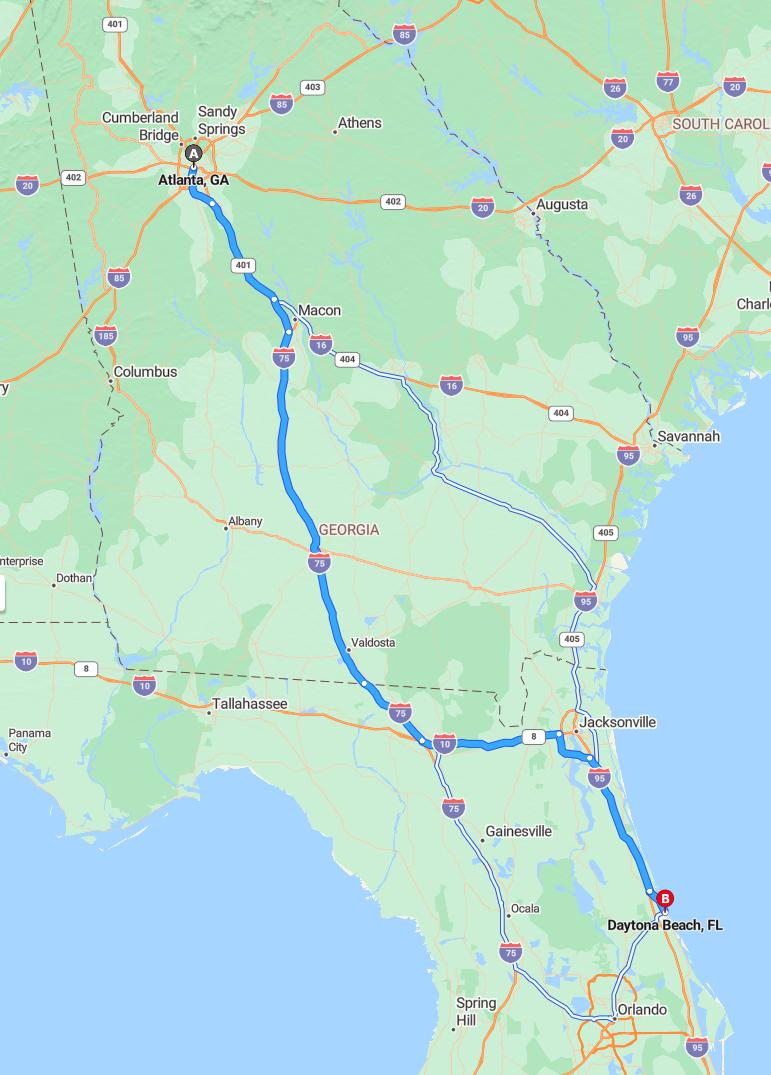 driving from Atlanta, Georgia to Daytona BeachFlorida - map and route