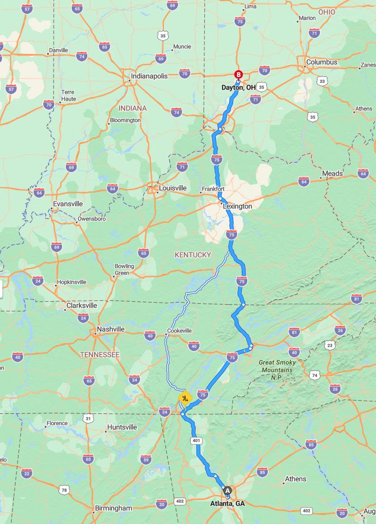 driving from Atlanta, Georgia to DaytonOhio - map and route