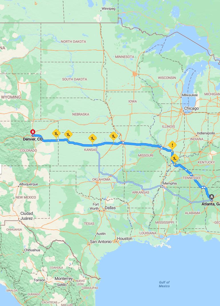 driving from Atlanta, Georgia to DenverColorado - map and route