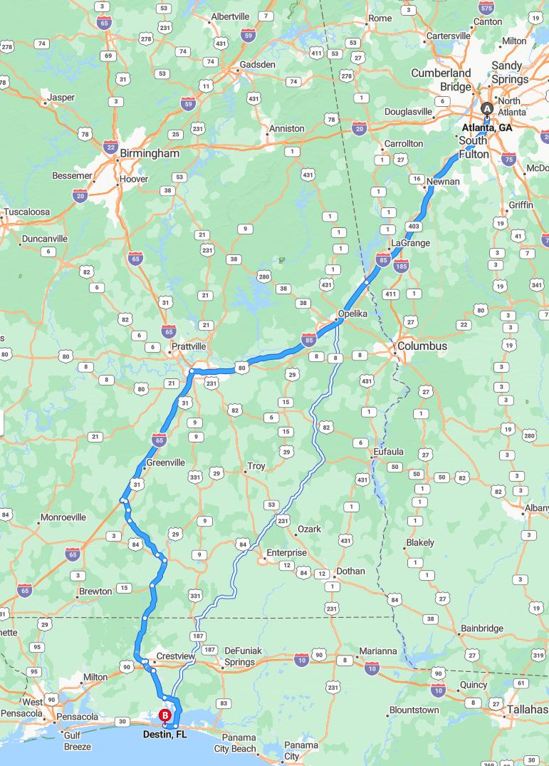 driving from Atlanta, Georgia to DestinFlorida - map and route