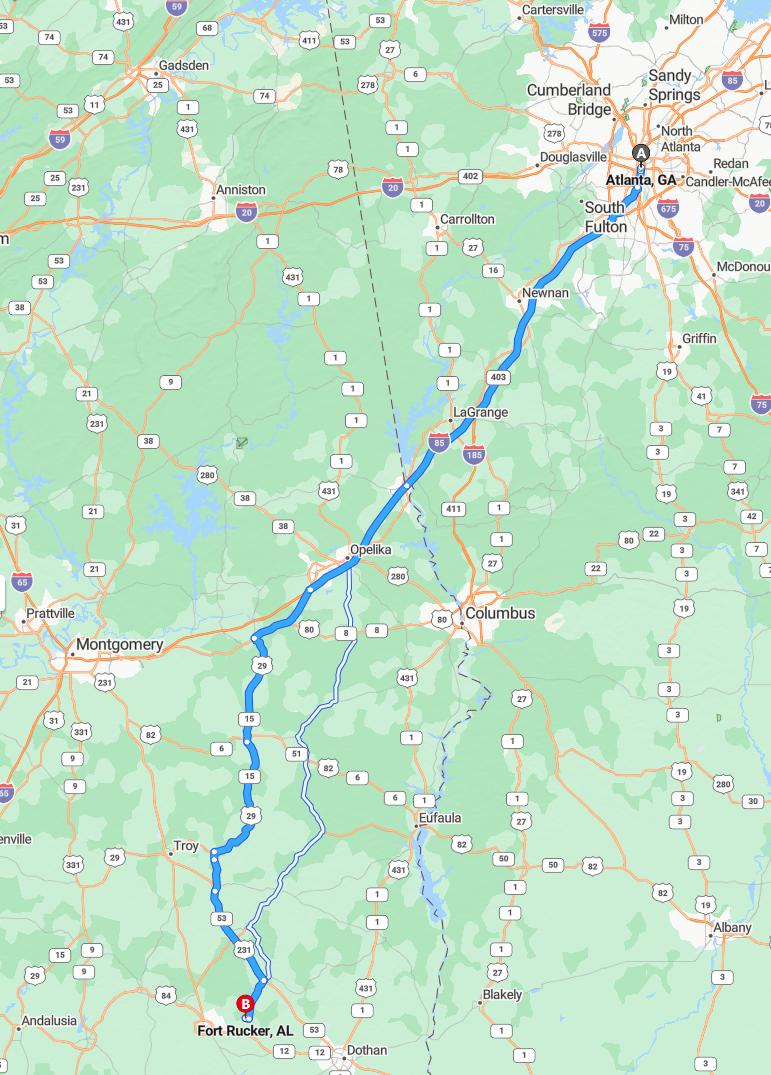 driving from Atlanta, Georgia to Fort RuckerAlabama - map and route