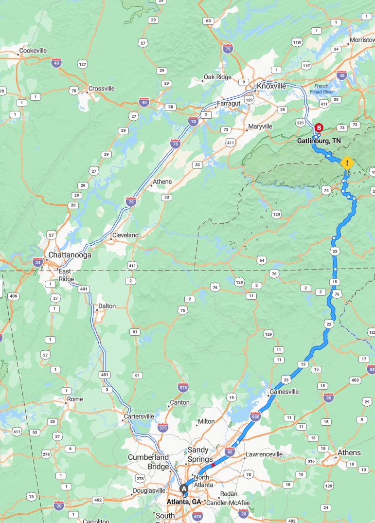 driving from Atlanta, Georgia to GatlinburgTennessee - map and route