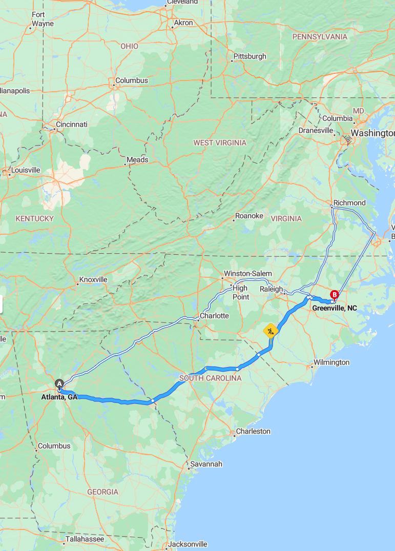 driving from Atlanta, Georgia to GreenvilleNorth Carolina - map and route