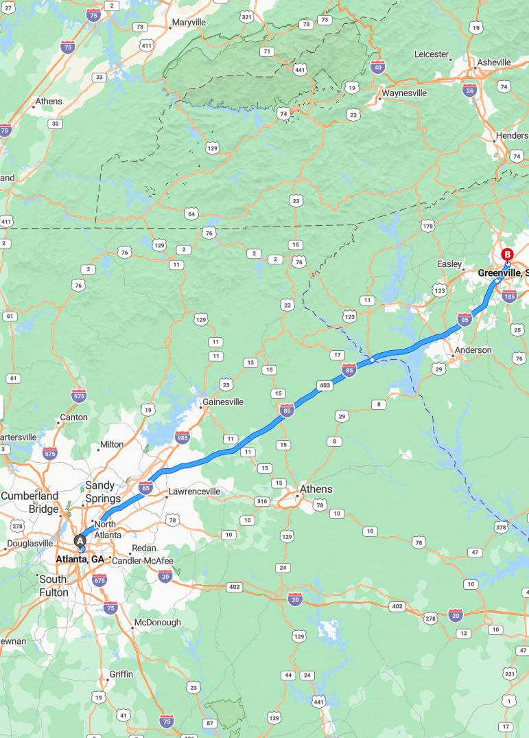 driving from Atlanta, Georgia to GreenvilleSouth Carolina - map and route