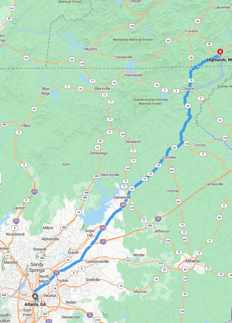 driving from Atlanta, Georgia to HighlandsNorth Carolina - map and route