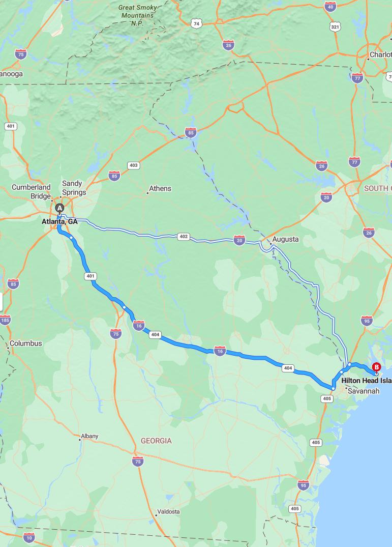 driving from Atlanta, Georgia to Hilton HeadSouth Carolina - map and route