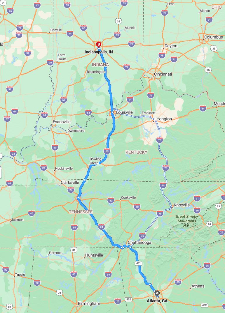 driving from Atlanta, Georgia to IndianapolisIndiana - map and route