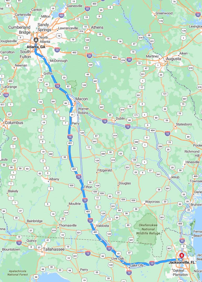 driving from Atlanta, Georgia to JacksonvilleFlorida - map and route