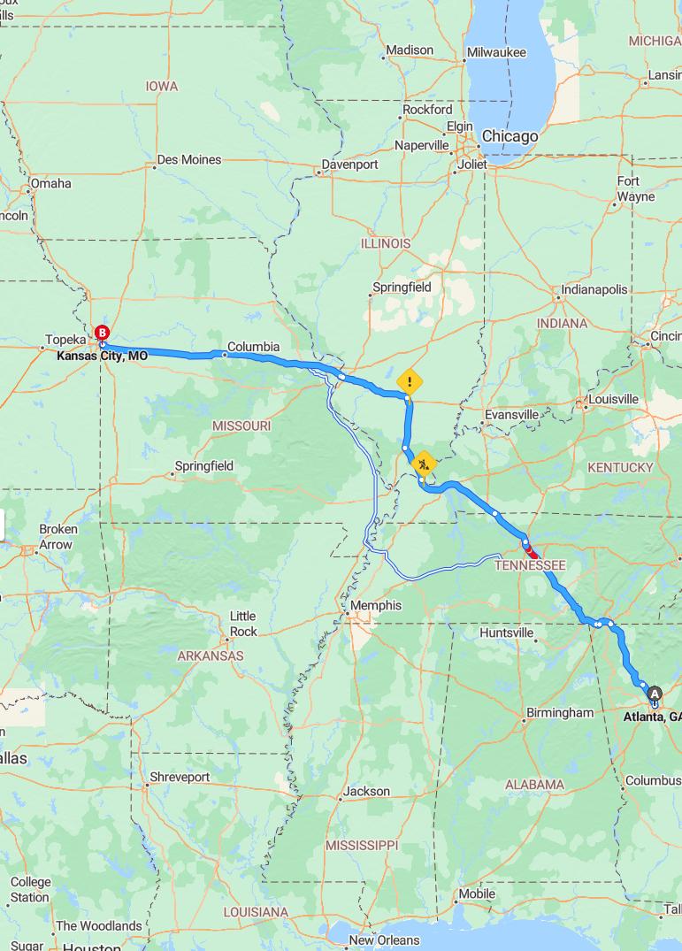 driving from Atlanta, Georgia to Kansas CityMissouri - map and route