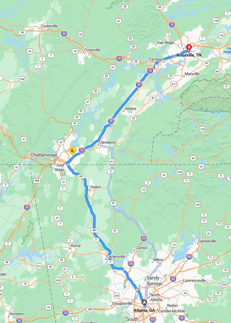 driving from Atlanta, Georgia to KnoxvilleTennessee - map and route