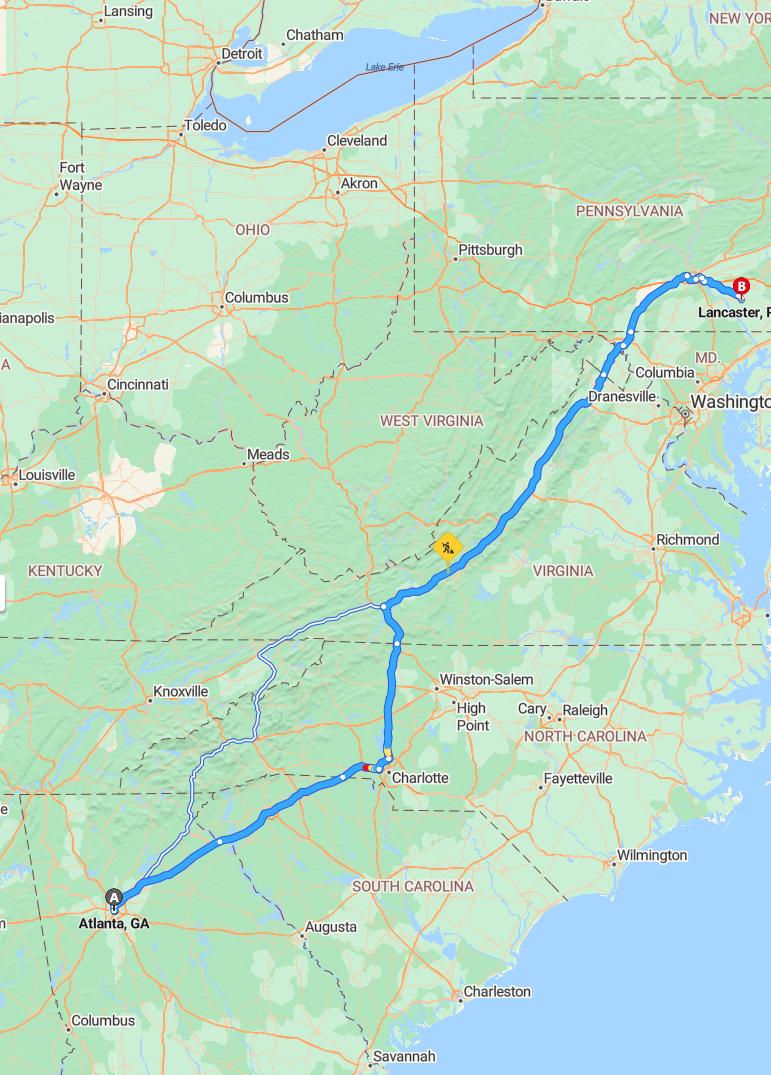 driving from Atlanta, Georgia to LancasterPennsylvania - map and route