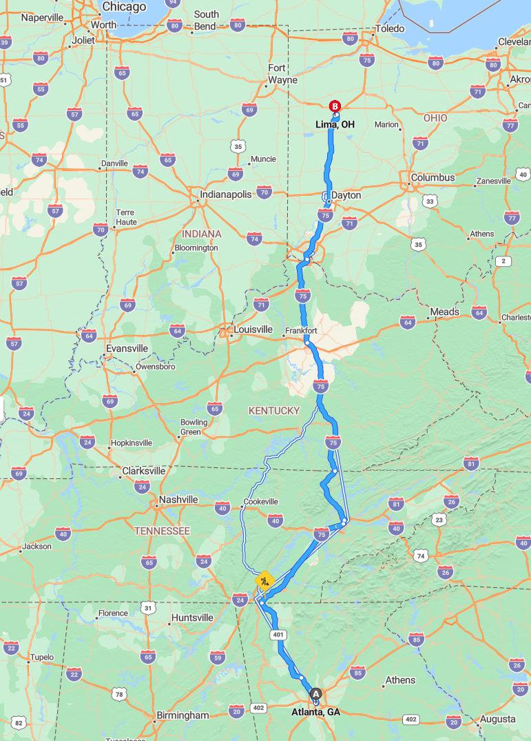driving from Atlanta, Georgia to LimaOhio - map and route
