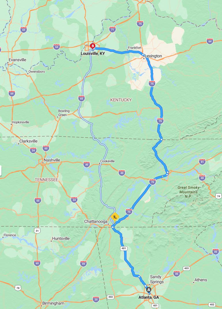 driving from Atlanta, Georgia to LouisvilleKentucky - map and route