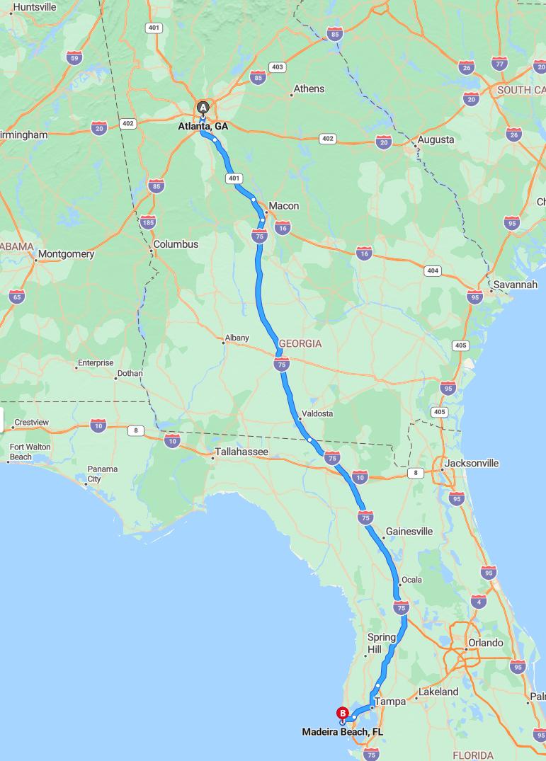 driving from Atlanta, Georgia to Madeira BeachFlorida - map and route