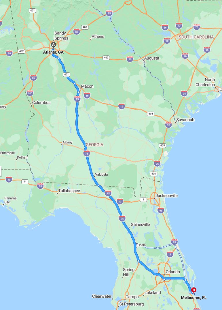 driving from Atlanta, Georgia to MelbourneFlorida - map and route