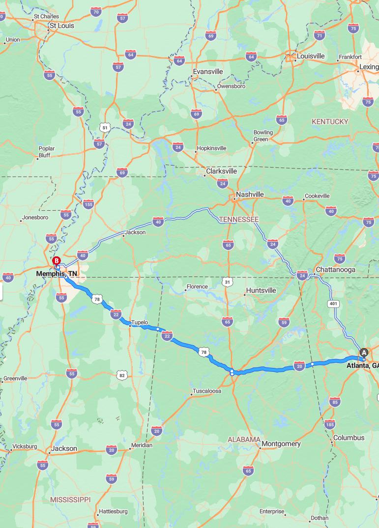 driving from Atlanta, Georgia to MemphisTennessee - map and route