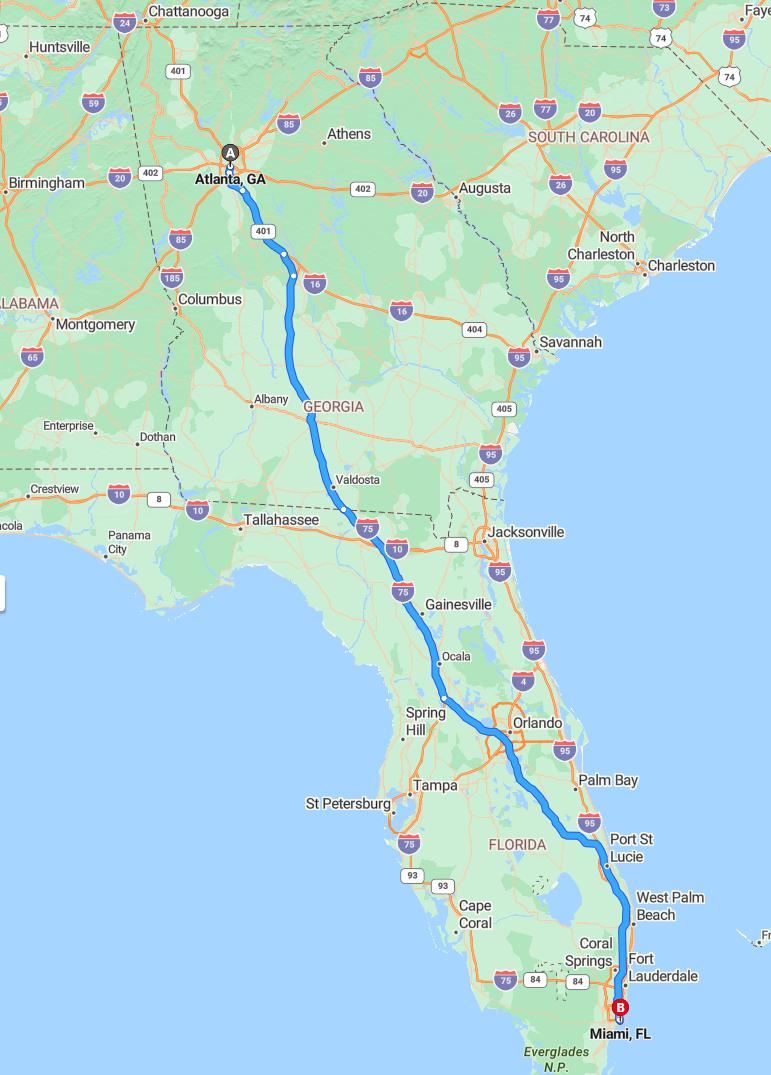 driving from Atlanta, Georgia to MiamiFlorida - map and route