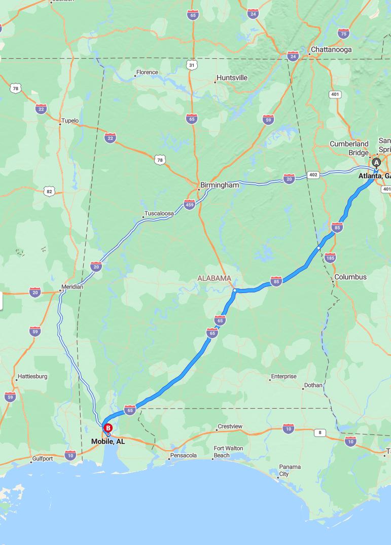 driving from Atlanta, Georgia to MobileAlabama - map and route