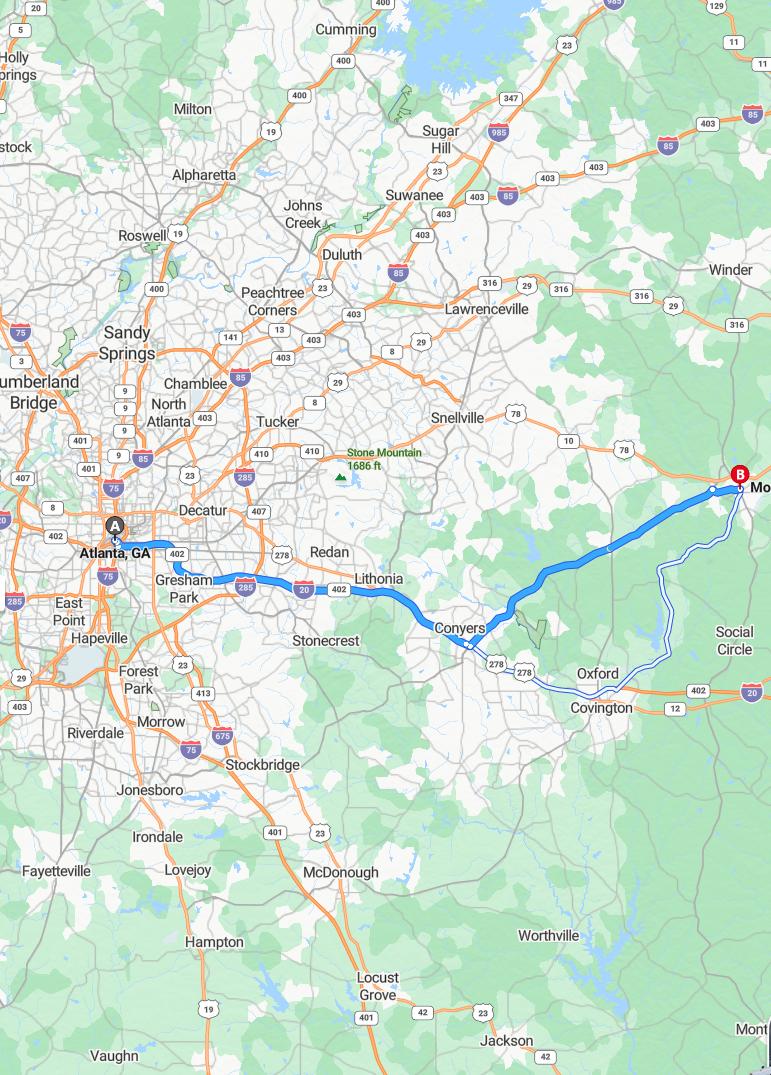 driving from Atlanta, Georgia to MonroeGeorgia - map and route