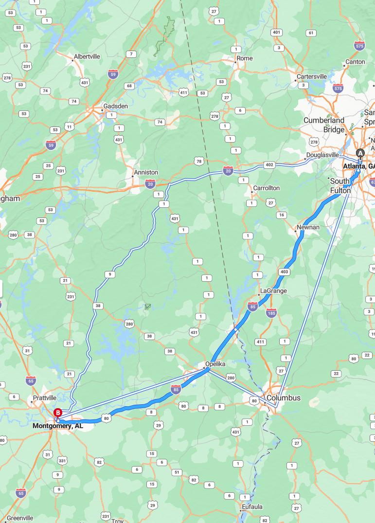 driving from Atlanta, Georgia to MontgomeryAlabama - map and route