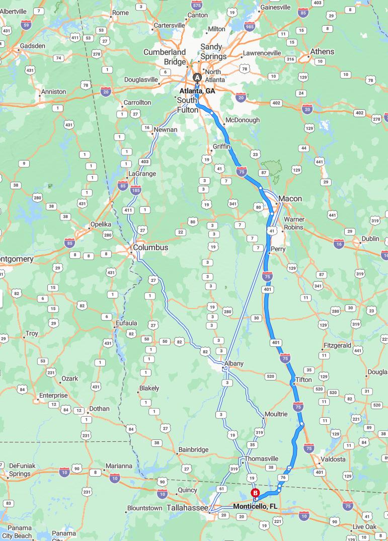 driving from Atlanta, Georgia to MonticelloFlorida - map and route